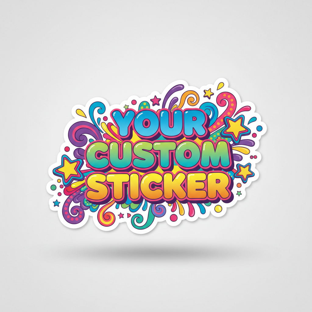 full color sticker design that say your custom sticker with fun design and cut around edges leaving white spacing